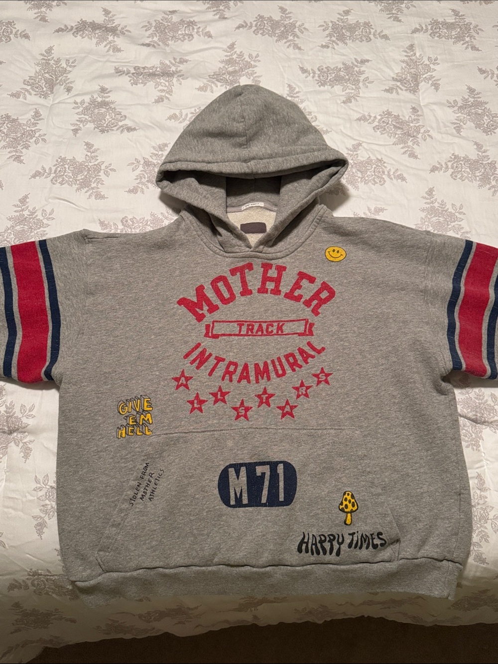 Mother Grey Hooded Graphic Pullover with Red Yellow & Navy Accents